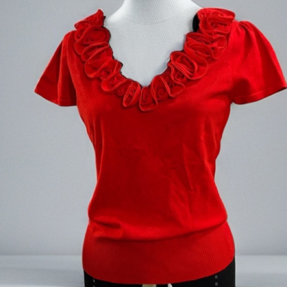 INC International Concepts Red Ruffled Sweater Blouse